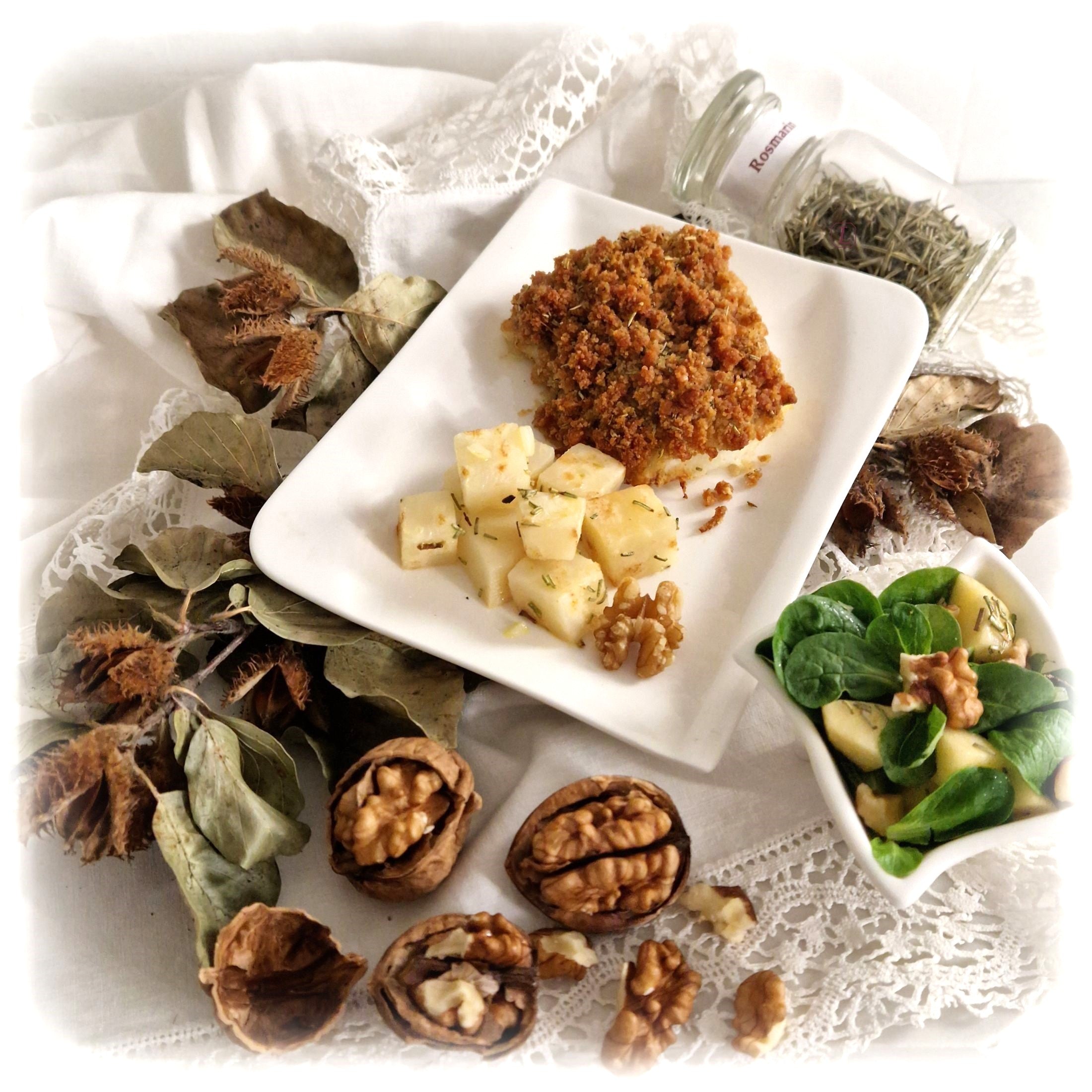ROSMARIN  ~  Kabeljau mit Rosmarin-Walnuss-Kruste und geröstetem Selleriewürfeln