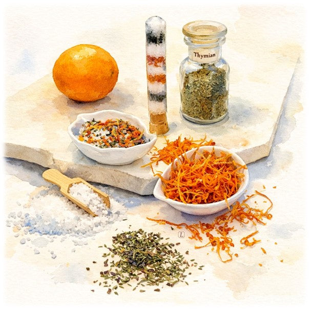 Thymian im Glas, eine Orange, Orangenzesten in einer Schale, Thymian getrocknet, Salz und Salzschaufel, eine kleine Schale gefüllt mit Orangen-Thymian-Salz, ein Reagenzglas mit Orangen-Thymian-Salz