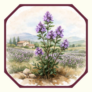 Thymian Pflanze, im Hintergrund die Landschaft der Provence und wilder Thymian