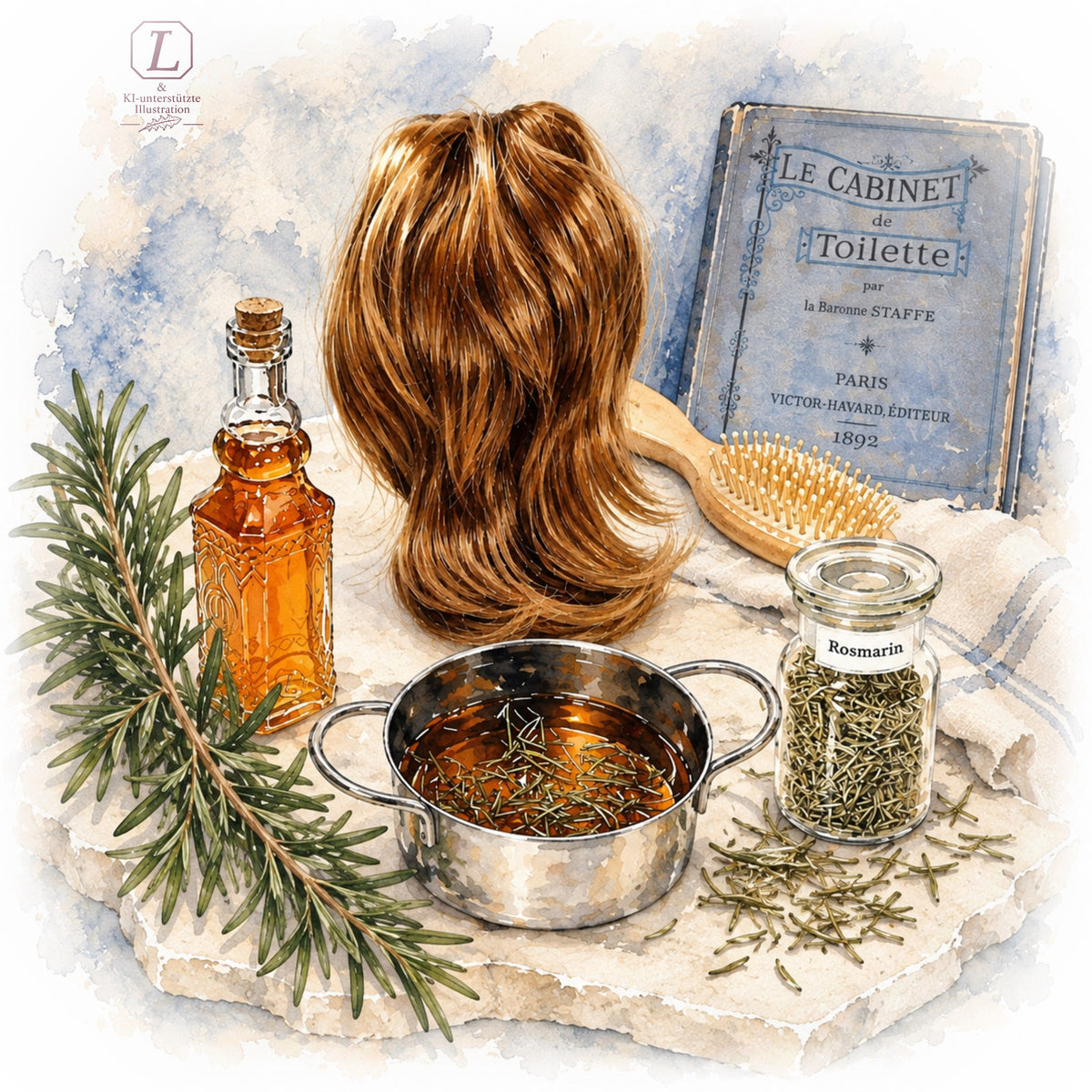 Aquarell mit einem Glas getrockneter Rosmarin, Rosmarin-Zweigen, einem Topf mit Rosmarin-Haarwasser, Glasflasche, Haarbürste, braunem Haar und dem Buch „Le Cabinet de toilette“ von Baronne Staffe. KI-unterstützte Illustration