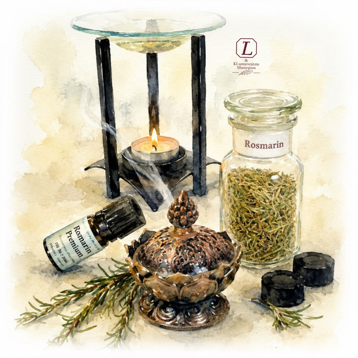 : Aquarell mit einem Glas getrockneter Rosmarin-Blätter, einer Räucherschale mit Räucherkohle, Rosmarin-Zweigen, Rosmarin-Öl und einer Duftlampe. KI-unterstützte Illustration